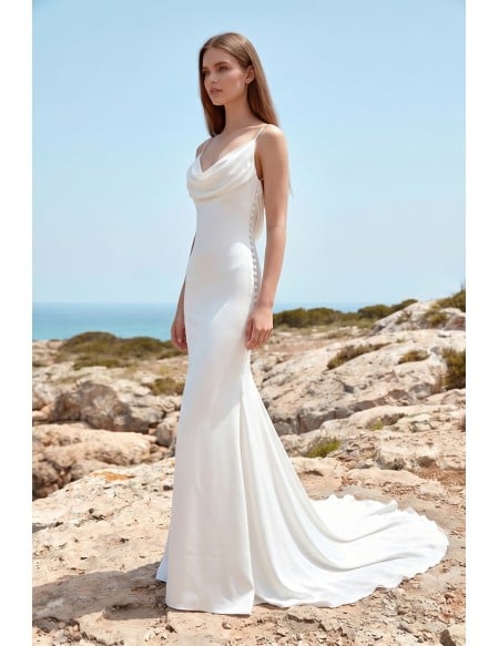 Satin Cowl-Neck Backless Wedding Dress for a Modern Beach Ceremony