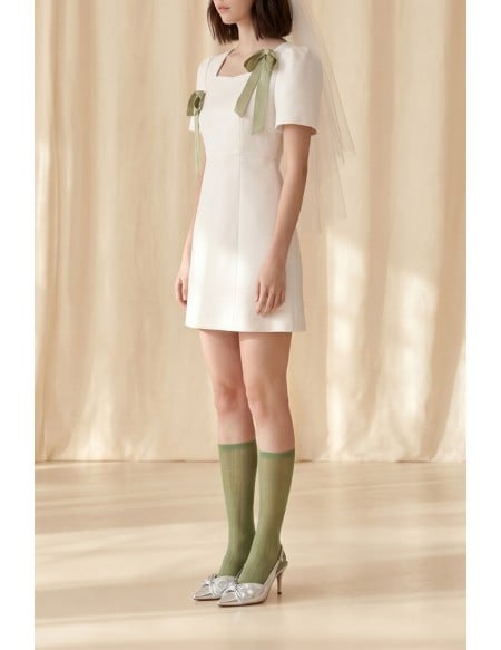 Short Sleeve Mini Wedding Dress with Sage Bows for Modern Courthouse Brides