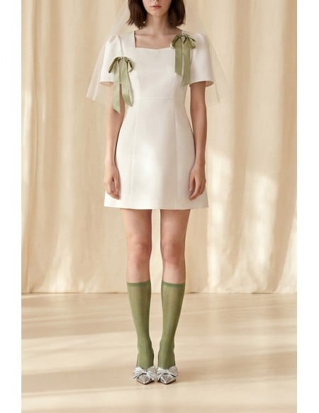 Short Sleeve Mini Wedding Dress with Sage Bows for Modern Courthouse Brides