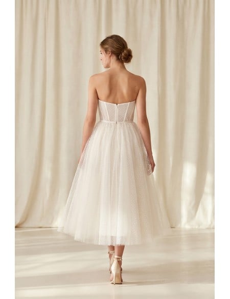 Strapless Tea-Length Tulle Wedding Dress with Corset Bodice for Courthouse Ceremonies