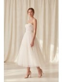 Strapless Tea-Length Tulle Wedding Dress with Corset Bodice for Courthouse Ceremonies