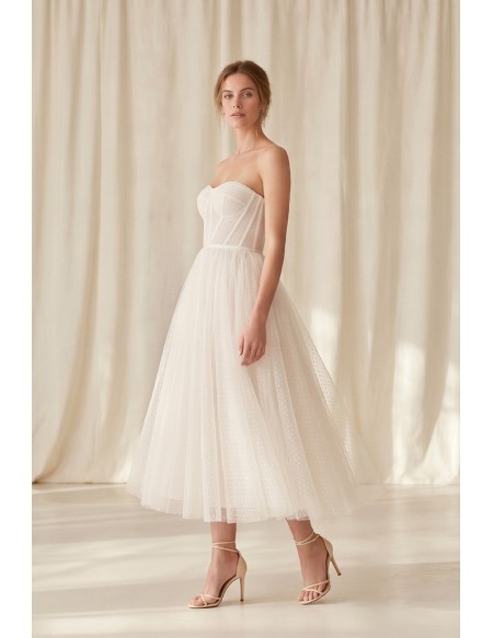 Strapless Tea-Length Tulle Wedding Dress with Corset Bodice for Courthouse Ceremonies