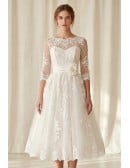 Vintage Lace Tea-Length Wedding Dress with Sheer Sleeves for Courthouse Ceremonies
