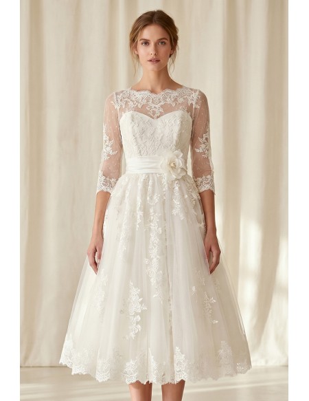 Vintage Lace Tea-Length Wedding Dress with Sheer Sleeves for Courthouse Ceremonies