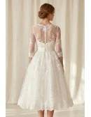 Vintage Lace Tea-Length Wedding Dress with Sheer Sleeves for Courthouse Ceremonies