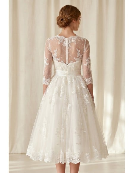Vintage Lace Tea-Length Wedding Dress with Sheer Sleeves for Courthouse Ceremonies
