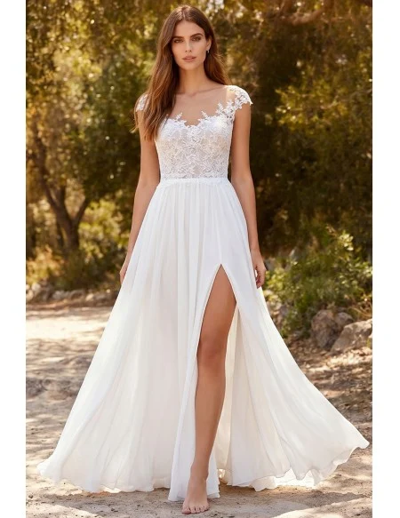 Boho Lace Bodice Wedding Dress with Leg Slit for Romantic Outdoor Ceremonies