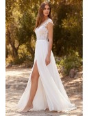 Boho Lace Bodice Wedding Dress with Leg Slit for Romantic Outdoor Ceremonies