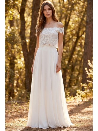 Boho Off-Shoulder Lace Two-Piece Wedding Dress for Romantic Outdoor Ceremonies