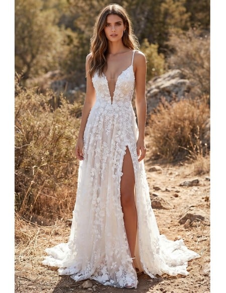 Boho 3D Lace A-Line Wedding Dress with Plunge Neck and Slit for Outdoor Ceremonies