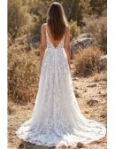 Boho 3D Lace A-Line Wedding Dress with Plunge Neck and Slit for Outdoor Ceremonies