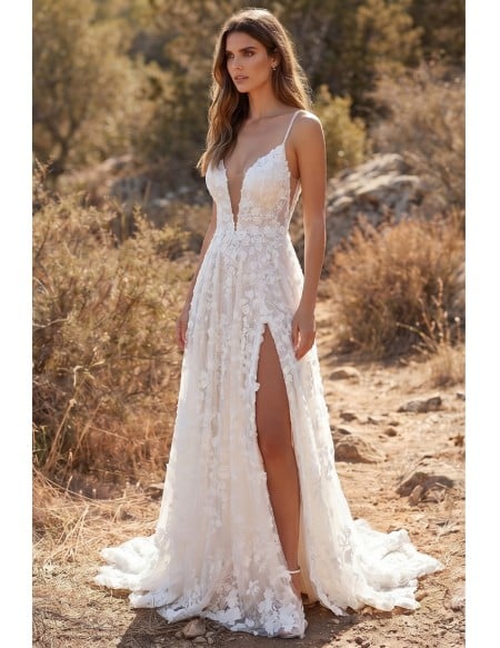 Boho 3D Lace A-Line Wedding Dress with Plunge Neck and Slit for Outdoor Ceremonies