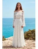 Boho Lace Off-Shoulder Long Sleeve Wedding Dress for Romantic Beach Ceremonies