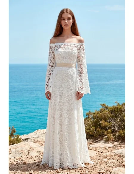 Boho Lace Off-Shoulder Long Sleeve Wedding Dress for Romantic Beach Ceremonies