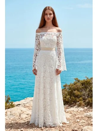 Boho Lace Off-Shoulder Long Sleeve Wedding Dress for Romantic Beach Ceremonies