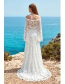 Boho Lace Off-Shoulder Long Sleeve Wedding Dress for Romantic Beach Ceremonies