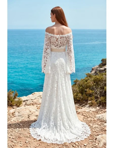Boho Lace Off-Shoulder Long Sleeve Wedding Dress for Romantic Beach Ceremonies