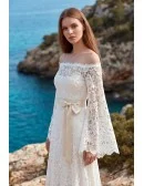 Boho Lace Off-Shoulder Long Sleeve Wedding Dress for Romantic Beach Ceremonies