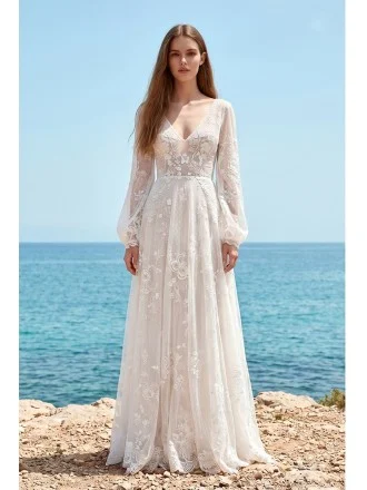 Boho Lace Long-Sleeve Wedding Dress with V-Back for Romantic Beach Ceremonies