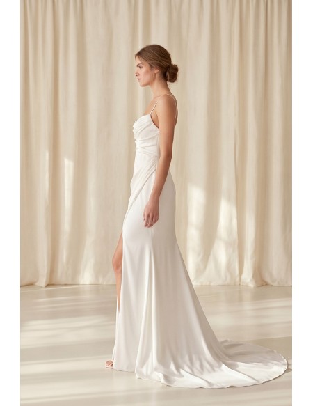 Minimalist Satin Wedding Dress with Slit and Low Back for Modern Courthouse Brides