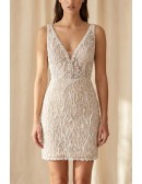 Beaded Lace Mini Wedding Dress with Deep V Back for Modern Reception Brides