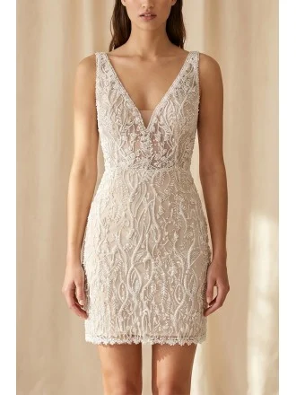 Beaded Lace Mini Wedding Dress with Deep V Back for Modern Reception Brides