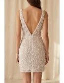 Beaded Lace Mini Wedding Dress with Deep V Back for Modern Reception Brides