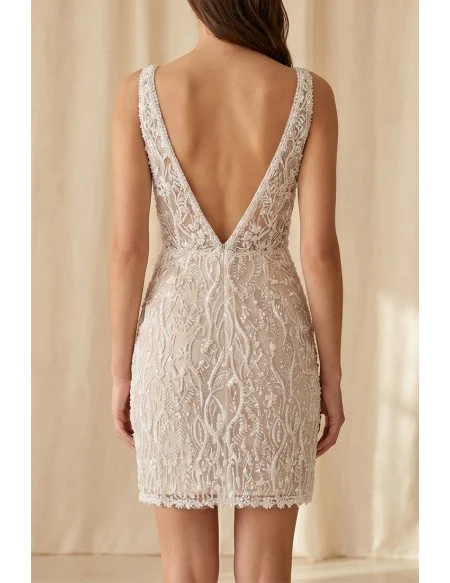 Beaded Lace Mini Wedding Dress with Deep V Back for Modern Reception Brides