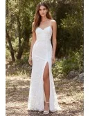 Lace Spaghetti-Strap Wedding Dress with Side Slit for Outdoor Garden Ceremonies