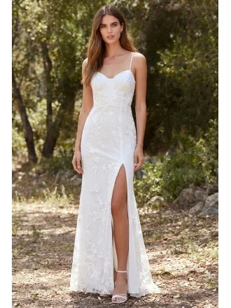 Lace Spaghetti-Strap Wedding Dress with Side Slit for Outdoor Garden Ceremonies
