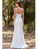 Lace Spaghetti-Strap Wedding Dress with Side Slit for Outdoor Garden Ceremonies