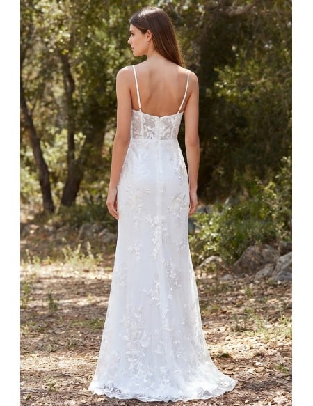 Lace Spaghetti-Strap Wedding Dress with Side Slit for Outdoor Garden Ceremonies