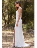 Lace Spaghetti-Strap Wedding Dress with Side Slit for Outdoor Garden Ceremonies
