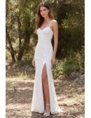 Lace Spaghetti-Strap Wedding Dress with Side Slit for Outdoor Garden Ceremonies