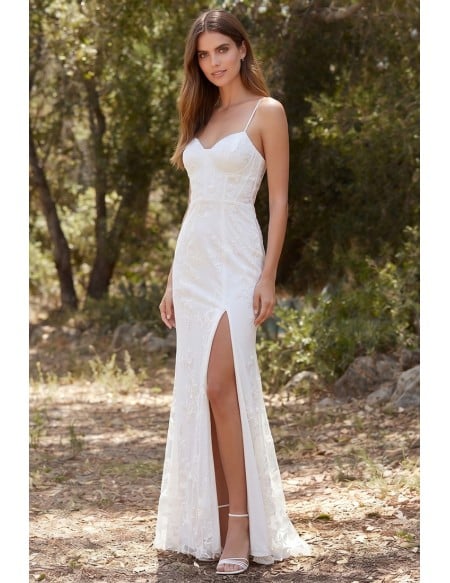 Lace Spaghetti-Strap Wedding Dress with Side Slit for Outdoor Garden Ceremonies