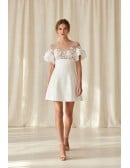 Short Floral Illusion A-Line Wedding Dress with Ruffle Sleeves for Courthouse Ceremonies