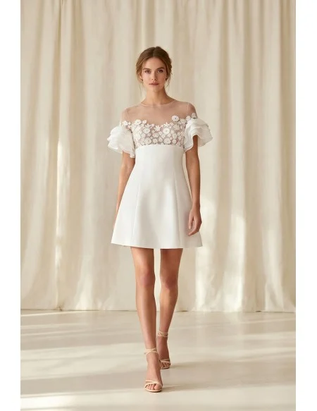Short Floral Illusion A-Line Wedding Dress with Ruffle Sleeves for Courthouse Ceremonies
