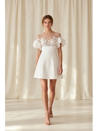 Short Floral Illusion A-Line Wedding Dress with Ruffle Sleeves for Courthouse Ceremonies
