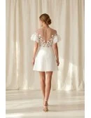 Short Floral Illusion A-Line Wedding Dress with Ruffle Sleeves for Courthouse Ceremonies