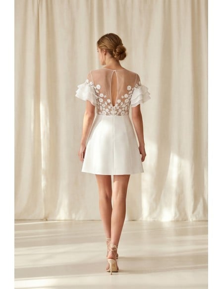 Short Floral Illusion A-Line Wedding Dress with Ruffle Sleeves for Courthouse Ceremonies