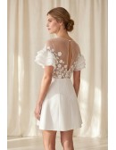 Short Floral Illusion A-Line Wedding Dress with Ruffle Sleeves for Courthouse Ceremonies