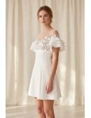 Short Floral Illusion A-Line Wedding Dress with Ruffle Sleeves for Courthouse Ceremonies