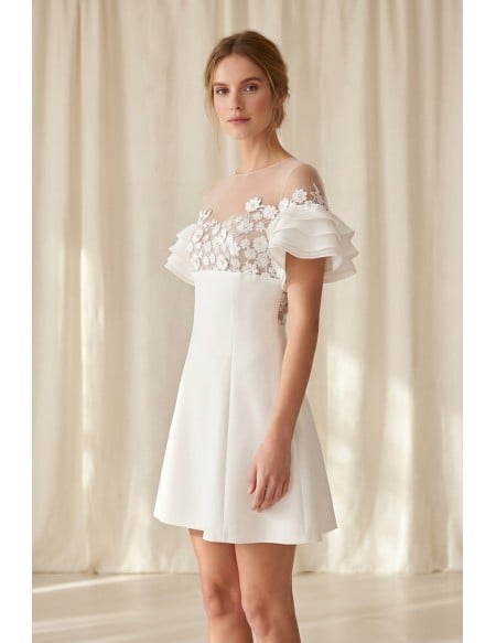 Short Floral Illusion A-Line Wedding Dress with Ruffle Sleeves for Courthouse Ceremonies
