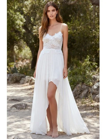 Boho Lace Spaghetti-Strap Wedding Dress with High-Low Skirt for Beach Ceremonies