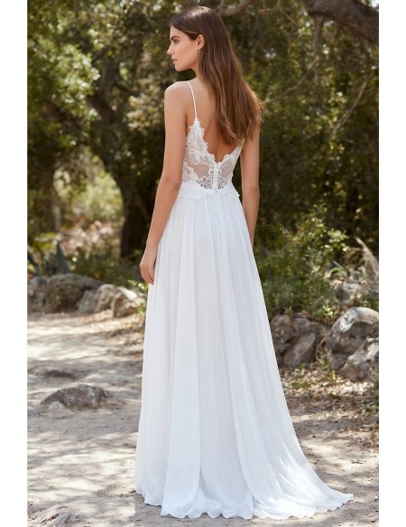 Boho Lace Spaghetti-Strap Wedding Dress with High-Low Skirt for Beach Ceremonies