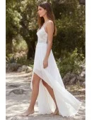 Boho Lace Spaghetti-Strap Wedding Dress with High-Low Skirt for Beach Ceremonies