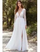 Long Sleeve Lace A-Line Wedding Dress with Slit for Outdoor Garden Ceremonies