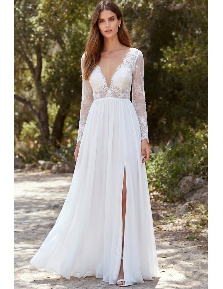 Long Sleeve Lace A-Line Wedding Dress with Slit for Outdoor Garden Ceremonies