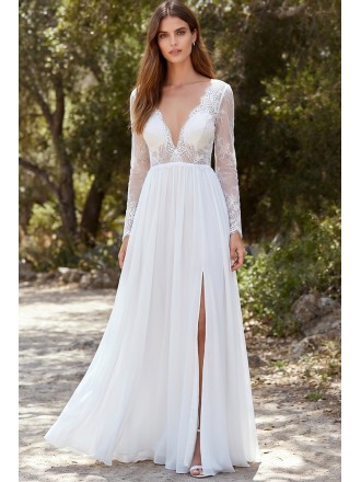 Long Sleeve Lace A-Line Wedding Dress with Slit for Outdoor Garden Ceremonies
