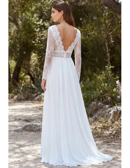 Long Sleeve Lace A-Line Wedding Dress with Slit for Outdoor Garden Ceremonies